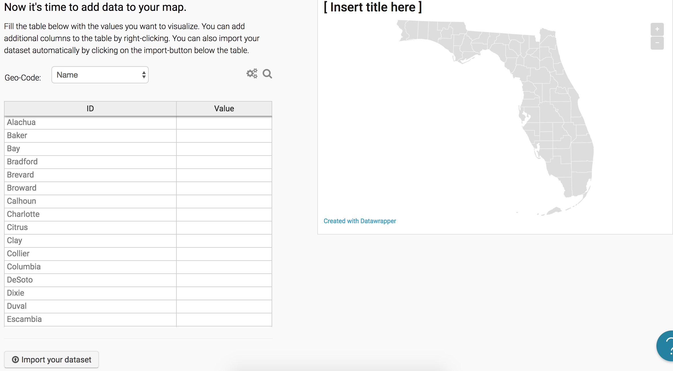 First step on the data import screen