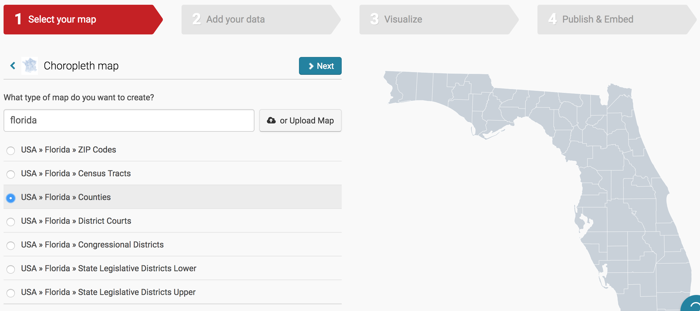 Selecting the Florida Counties geographical option