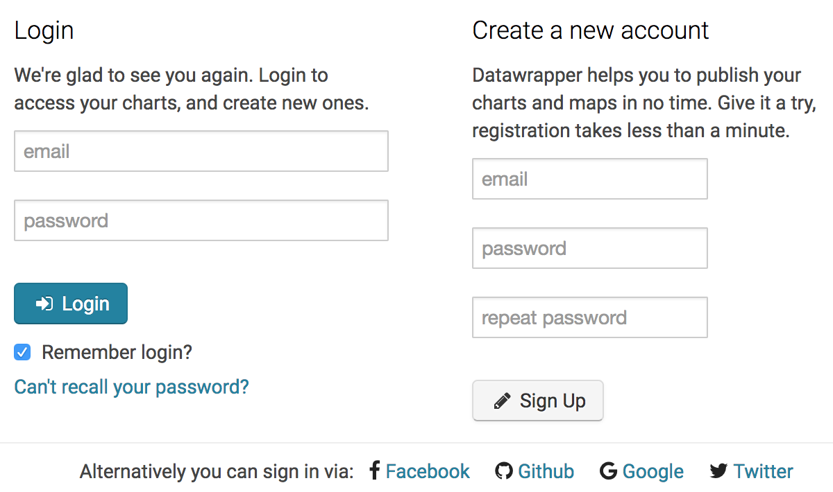 Sign up interface for Datawrapper