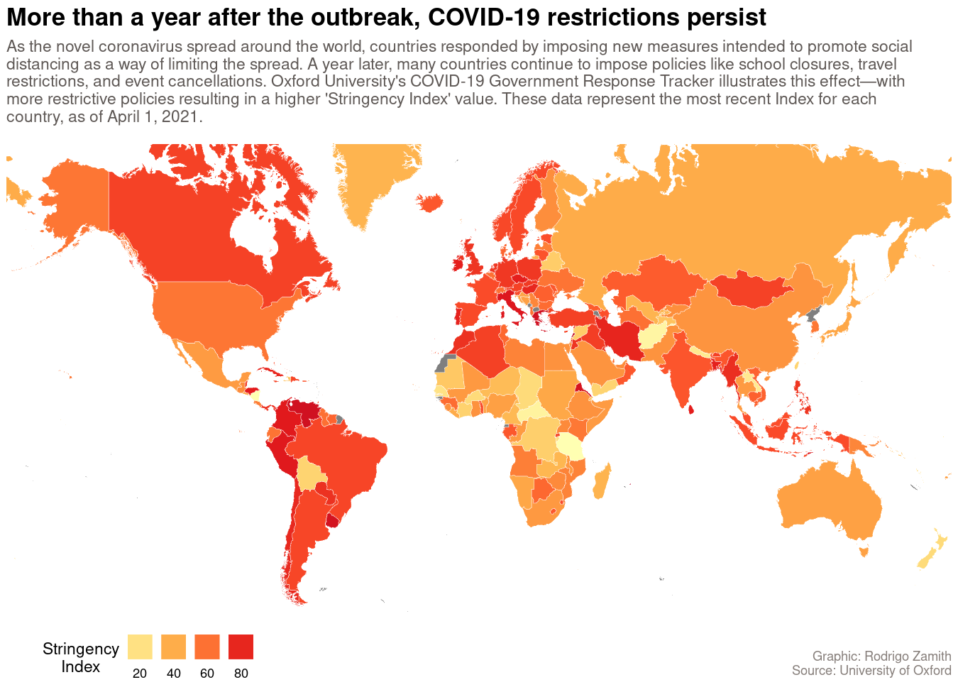 A ggplot map showing how governments responded to COVID-19 via their policies
